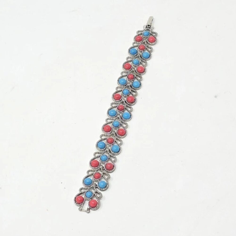Vintage 7.5" cuff bracelet silver‎ tone links blue and red beads costume jewelry